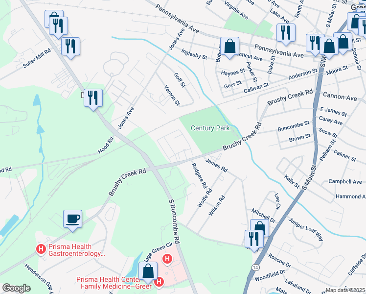 map of restaurants, bars, coffee shops, grocery stores, and more near 3520 Brushy Creek Road in Greer