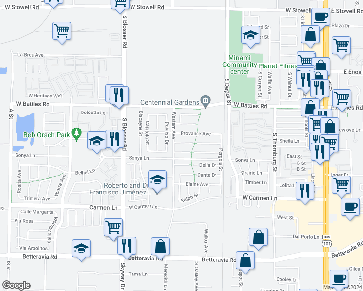 map of restaurants, bars, coffee shops, grocery stores, and more near 930 Alba Court in Santa Maria