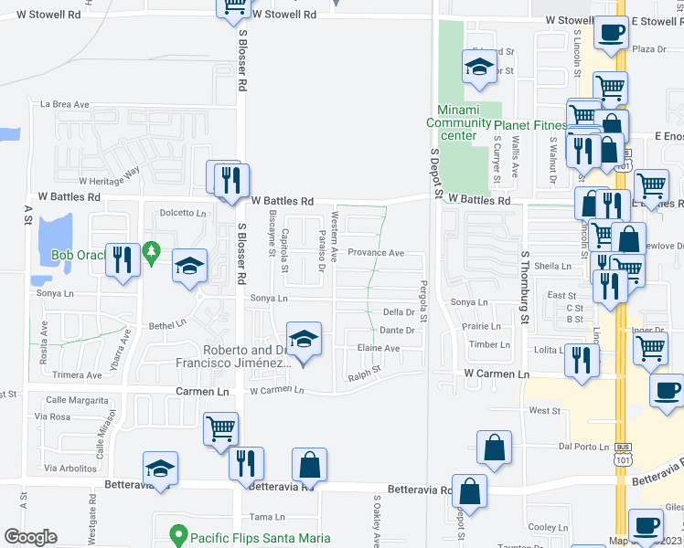 map of restaurants, bars, coffee shops, grocery stores, and more near 938 Alba Court in Santa Maria