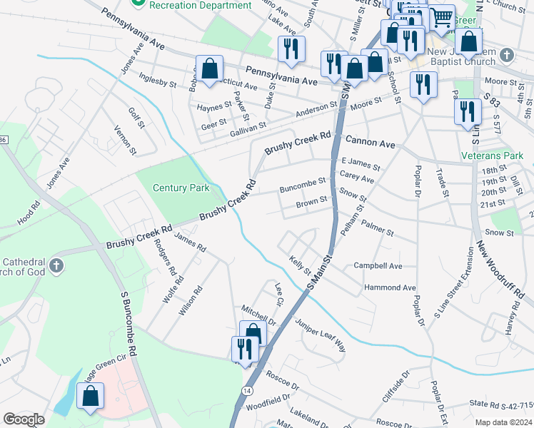 map of restaurants, bars, coffee shops, grocery stores, and more near 304 Brown Street in Greer