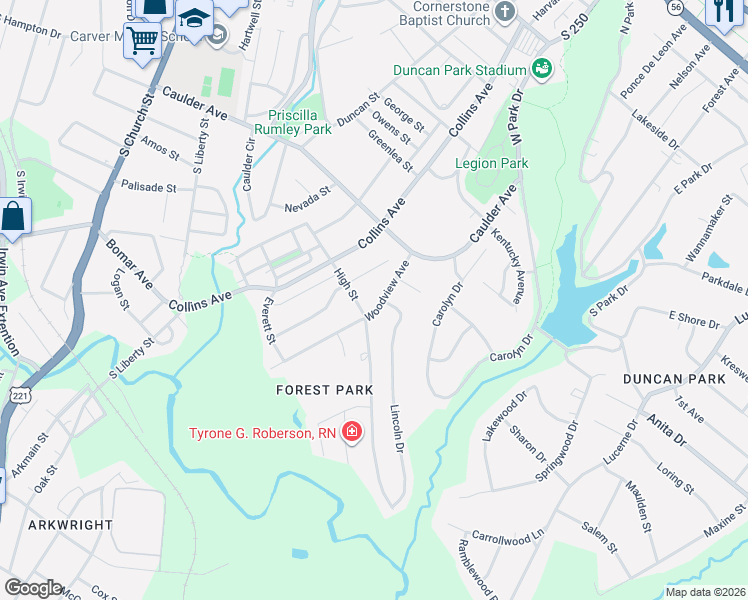 map of restaurants, bars, coffee shops, grocery stores, and more near 218 Woodview Avenue in Spartanburg