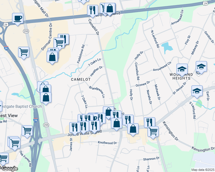 map of restaurants, bars, coffee shops, grocery stores, and more near 101 Tennyson Court in Spartanburg