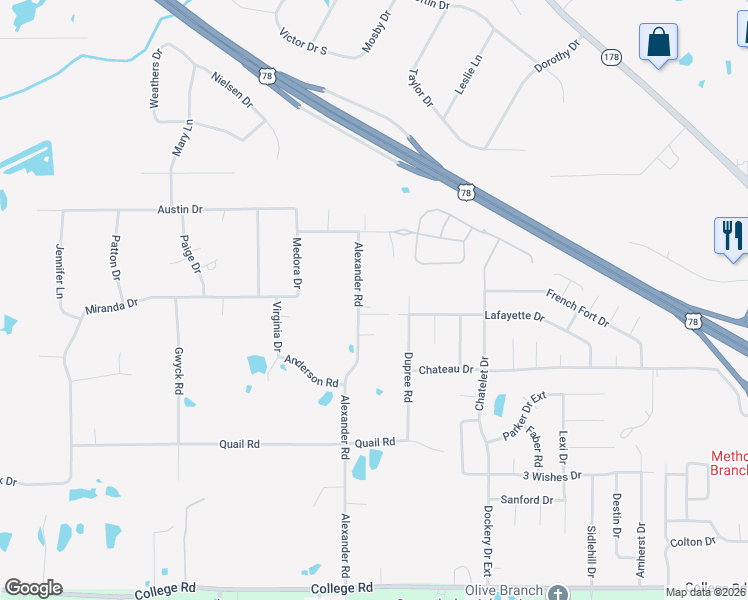 map of restaurants, bars, coffee shops, grocery stores, and more near 4704 Alexander Road in Olive Branch