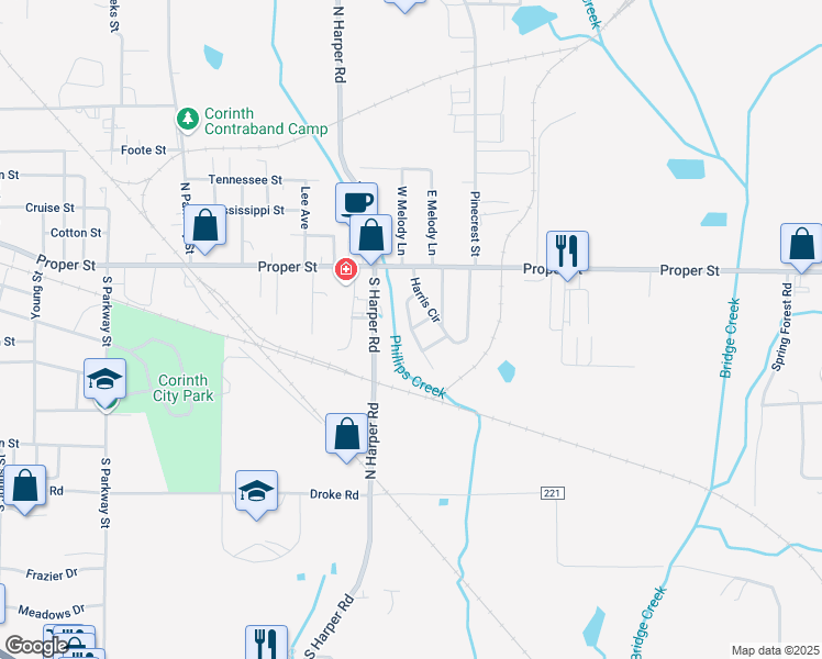 map of restaurants, bars, coffee shops, grocery stores, and more near West Harris Circle in Corinth