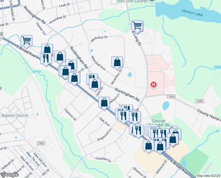 map of restaurants, bars, coffee shops, grocery stores, and more near 1008 Rockingham Road in Rockingham