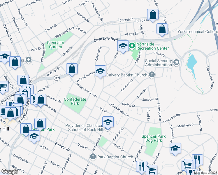 map of restaurants, bars, coffee shops, grocery stores, and more near 610 Giga Drive in Rock Hill