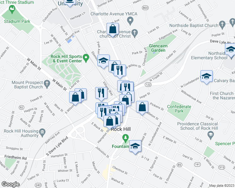 map of restaurants, bars, coffee shops, grocery stores, and more near 102 Ebenezer Avenue in Rock Hill