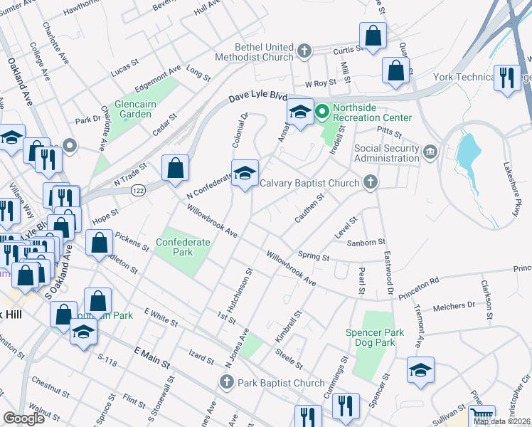 map of restaurants, bars, coffee shops, grocery stores, and more near 610 Giga Drive in Rock Hill