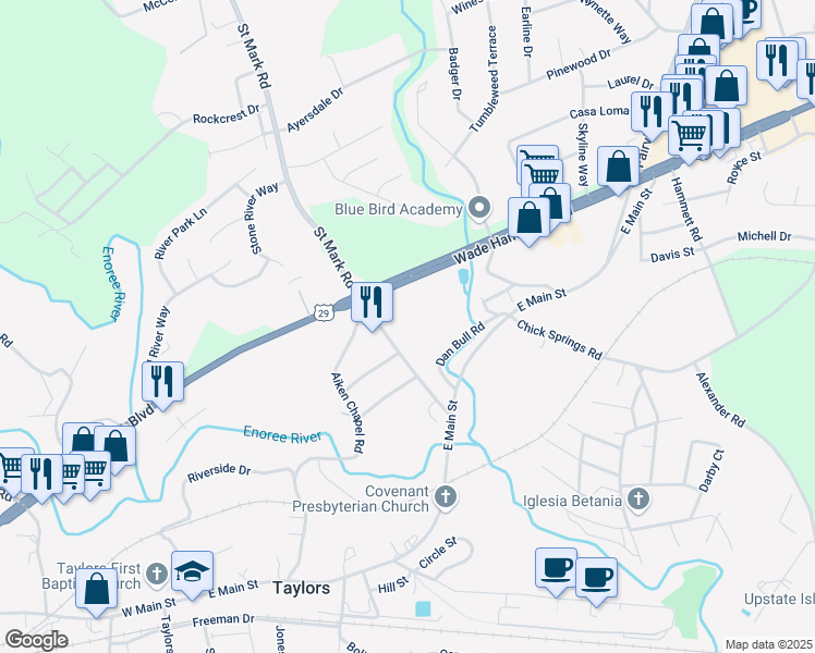 map of restaurants, bars, coffee shops, grocery stores, and more near 64 Saint Mark Road in Taylors