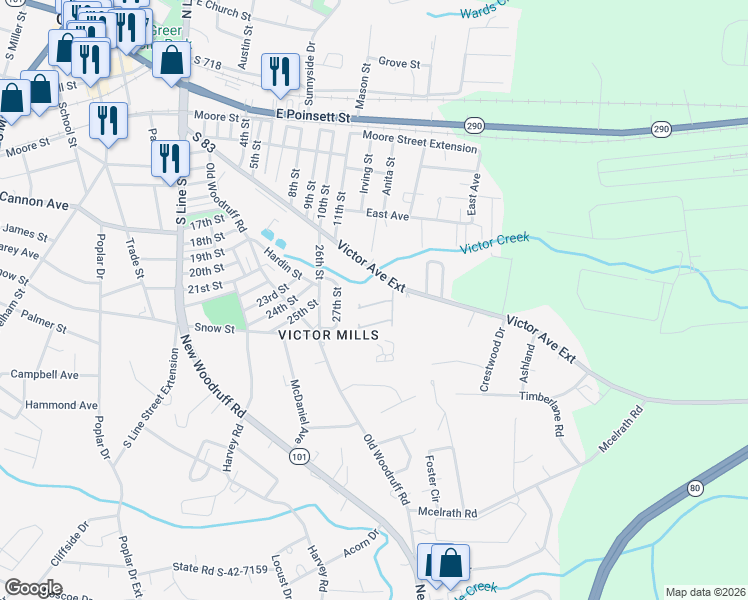 map of restaurants, bars, coffee shops, grocery stores, and more near 27TH Crest Street in Greer