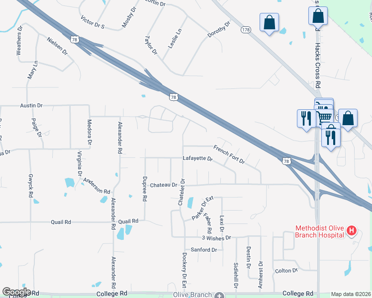 map of restaurants, bars, coffee shops, grocery stores, and more near 10369 French Fort Drive in Olive Branch