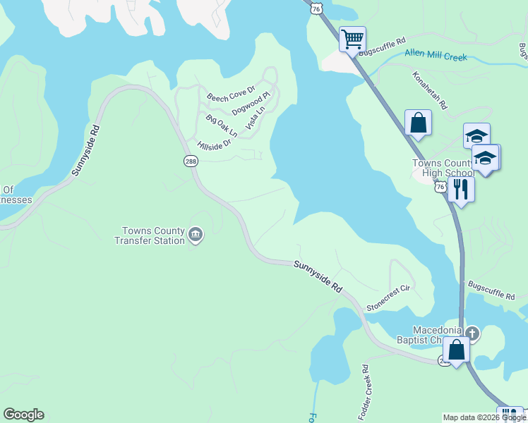map of restaurants, bars, coffee shops, grocery stores, and more near 1352 Sunnyside Road in Hiawassee