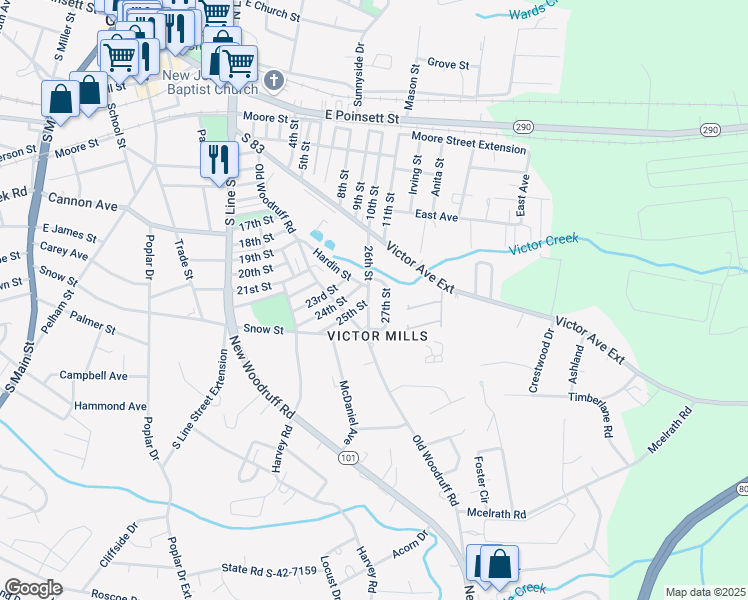 map of restaurants, bars, coffee shops, grocery stores, and more near 5 26th St in Greer