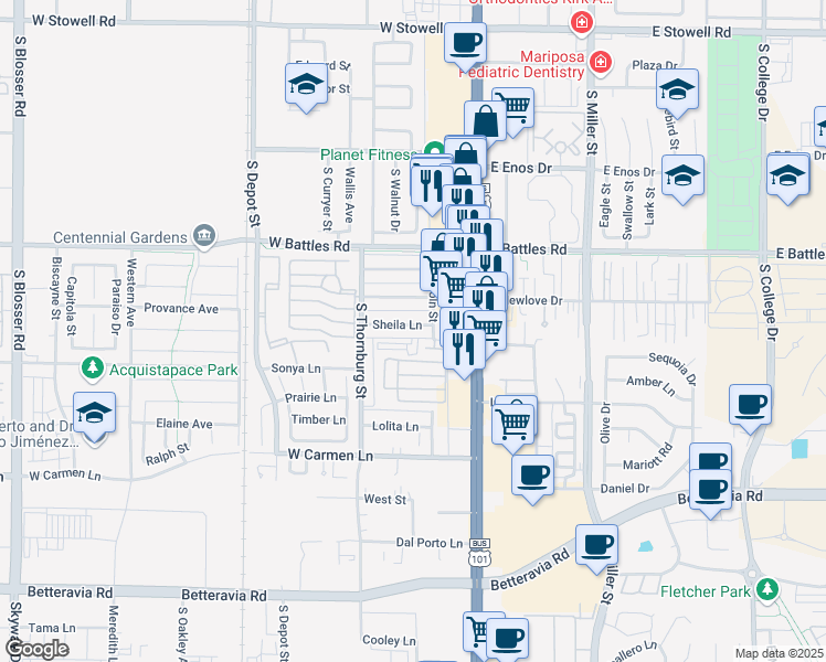 map of restaurants, bars, coffee shops, grocery stores, and more near 210 Sheila Lane in Santa Maria