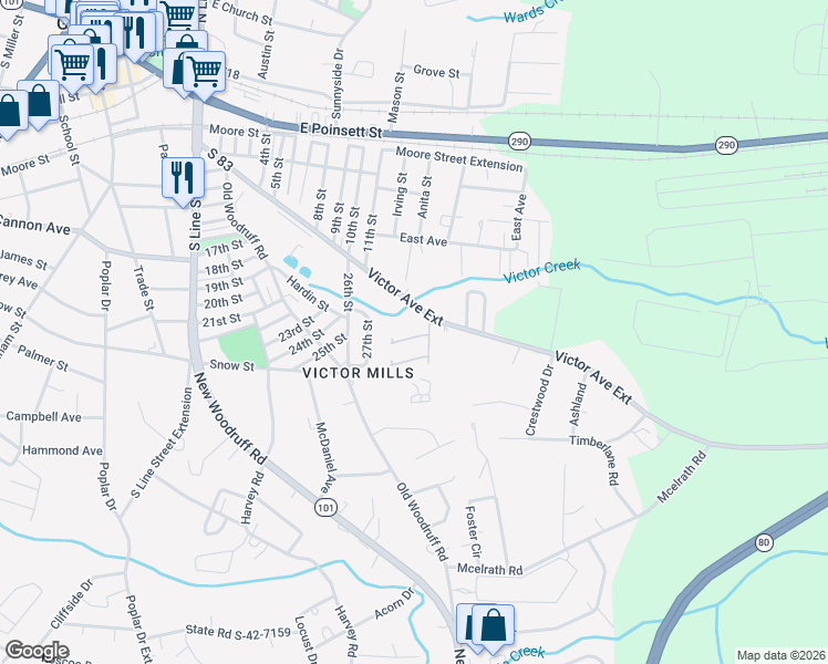 map of restaurants, bars, coffee shops, grocery stores, and more near 142 Victor Avenue in Greer