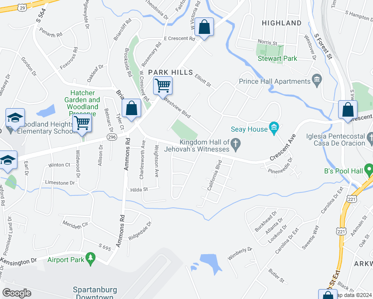 map of restaurants, bars, coffee shops, grocery stores, and more near 416 Crescent Avenue in Spartanburg