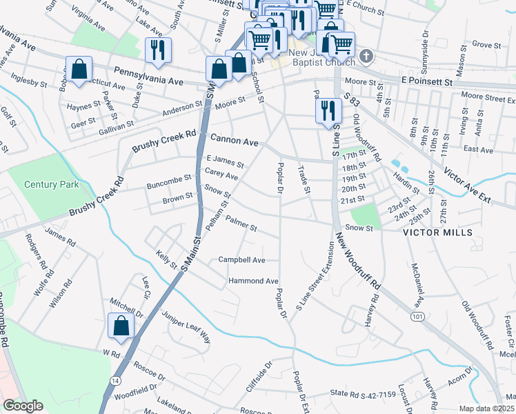 map of restaurants, bars, coffee shops, grocery stores, and more near 217 Snow Street in Greer
