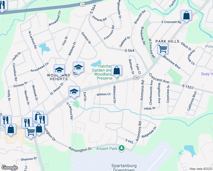 map of restaurants, bars, coffee shops, grocery stores, and more near 859 South Carolina 296 in Spartanburg