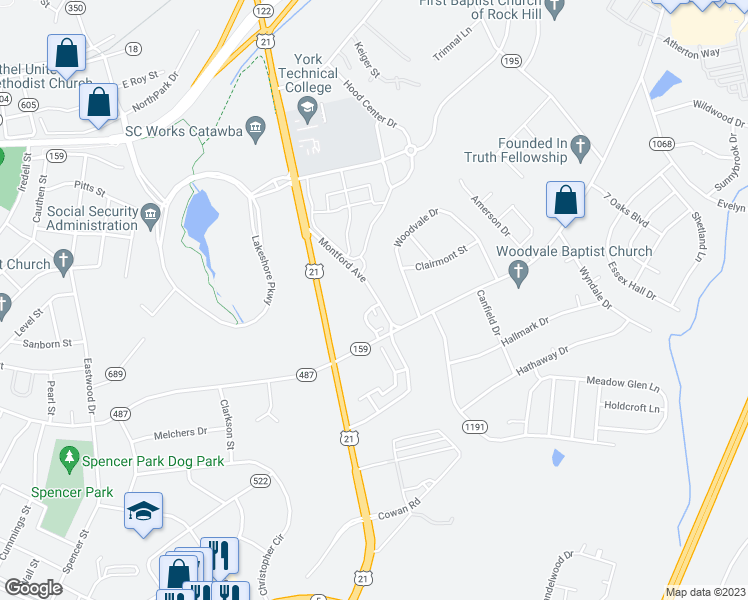map of restaurants, bars, coffee shops, grocery stores, and more near 555 Cedar Villa Drive in Rock Hill