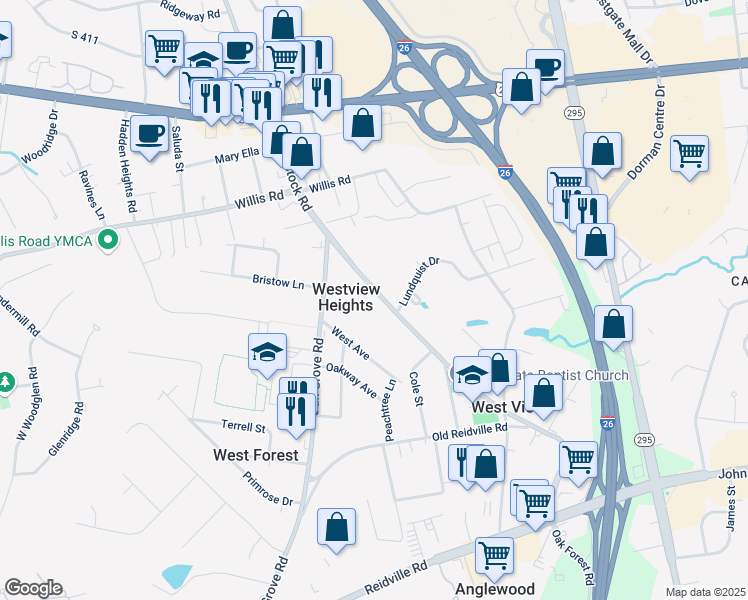 map of restaurants, bars, coffee shops, grocery stores, and more near 162 South Blackstock Road in Spartanburg
