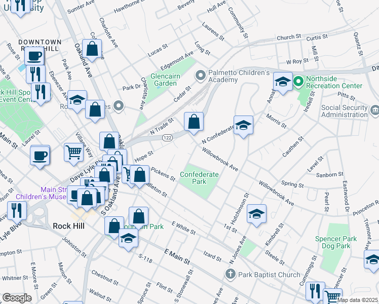 map of restaurants, bars, coffee shops, grocery stores, and more near 521 North Confederate Avenue in Rock Hill