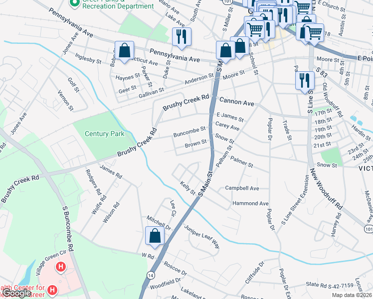 map of restaurants, bars, coffee shops, grocery stores, and more near 205 Brown Street in Greer