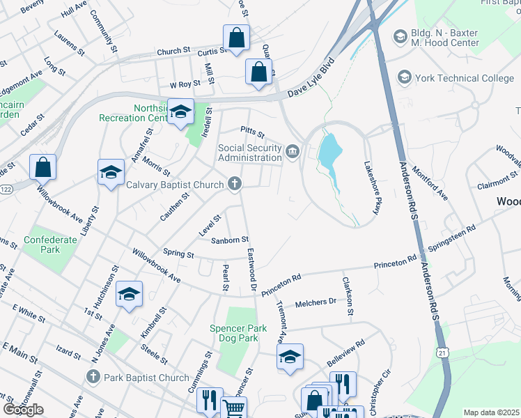 map of restaurants, bars, coffee shops, grocery stores, and more near 859 Eastwood Drive in Rock Hill