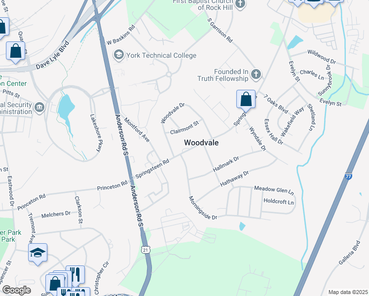 map of restaurants, bars, coffee shops, grocery stores, and more near 1455 Springsteen Road in Rock Hill