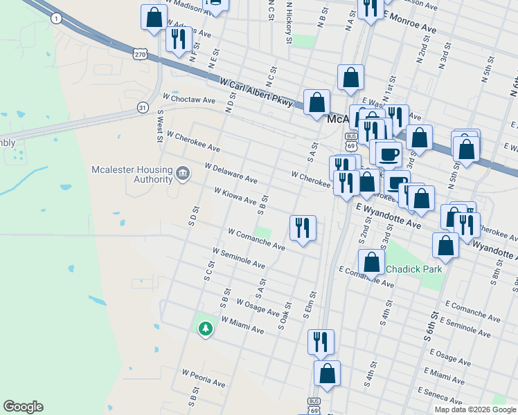 map of restaurants, bars, coffee shops, grocery stores, and more near 300 West Kiowa Avenue in McAlester