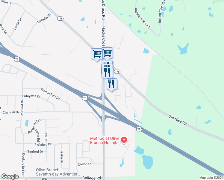 map of restaurants, bars, coffee shops, grocery stores, and more near 4740 Bethel Road in Olive Branch