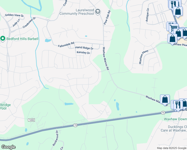 map of restaurants, bars, coffee shops, grocery stores, and more near 3023 Burton Point Court in Waxhaw