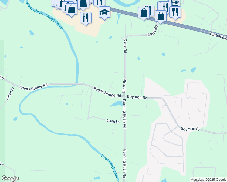map of restaurants, bars, coffee shops, grocery stores, and more near 40 Battlefield Court in Ringgold