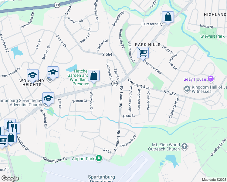 map of restaurants, bars, coffee shops, grocery stores, and more near 101 Spires Court in Spartanburg