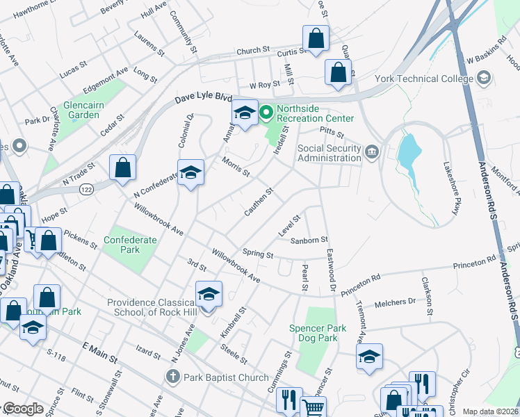 map of restaurants, bars, coffee shops, grocery stores, and more near 720 Cauthen Street in Rock Hill