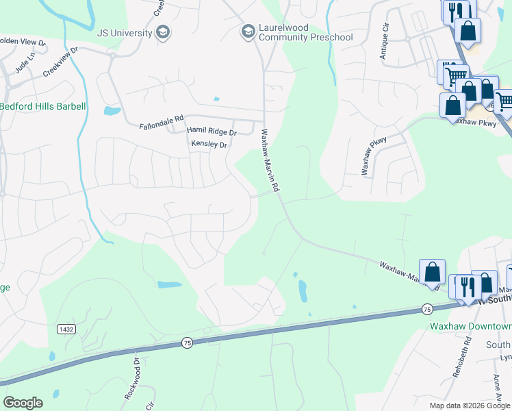 map of restaurants, bars, coffee shops, grocery stores, and more near 5009 Oakmere Road in Waxhaw