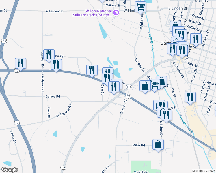 map of restaurants, bars, coffee shops, grocery stores, and more near 803 U.S. 72 in Corinth