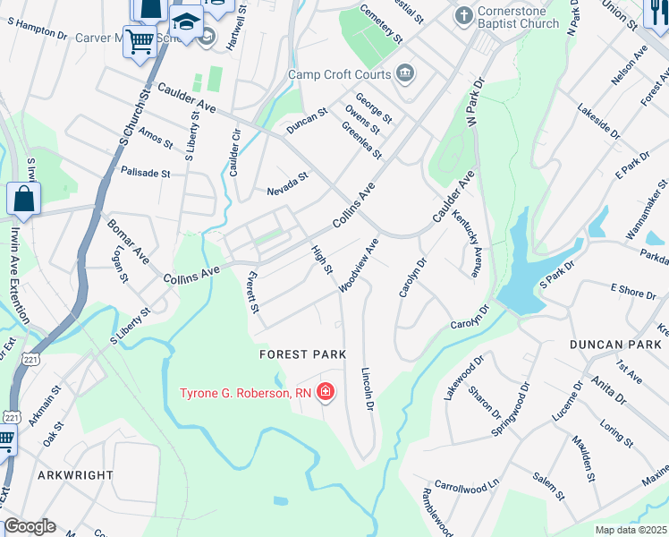 map of restaurants, bars, coffee shops, grocery stores, and more near 110 High Street in Spartanburg