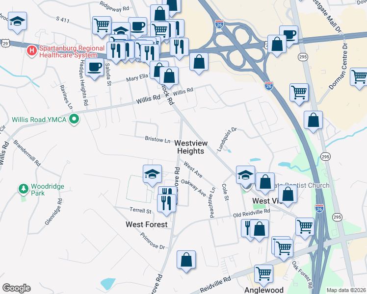 map of restaurants, bars, coffee shops, grocery stores, and more near 345 Oak Grove Road in Spartanburg