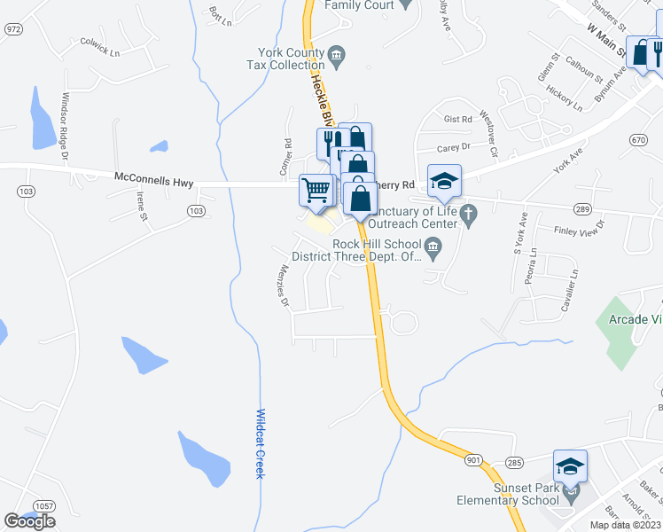 map of restaurants, bars, coffee shops, grocery stores, and more near 567 Jedburgh Way in Rock Hill