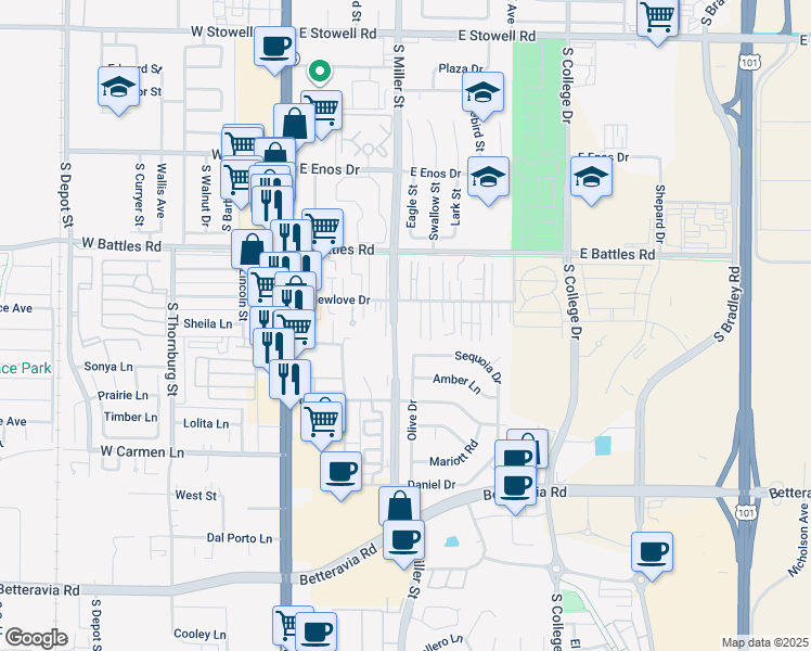 map of restaurants, bars, coffee shops, grocery stores, and more near 360 East Newlove Drive in Santa Maria
