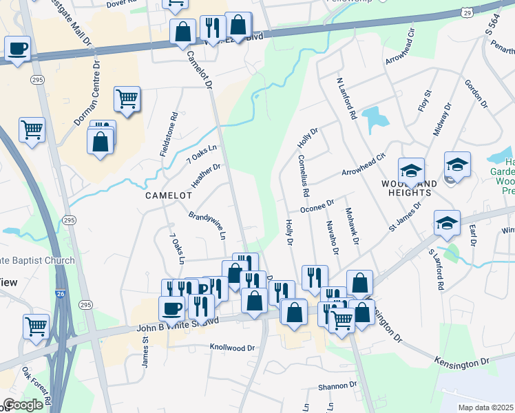 map of restaurants, bars, coffee shops, grocery stores, and more near 501 Camelot Drive in Spartanburg