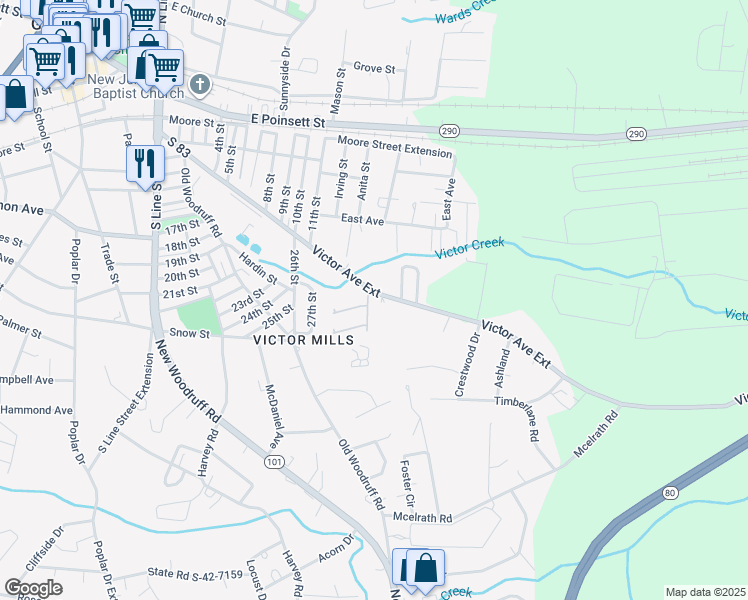 map of restaurants, bars, coffee shops, grocery stores, and more near 142 Victor Avenue in Greer