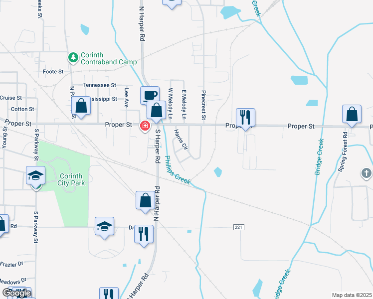 map of restaurants, bars, coffee shops, grocery stores, and more near 110 Nashway Street in Corinth