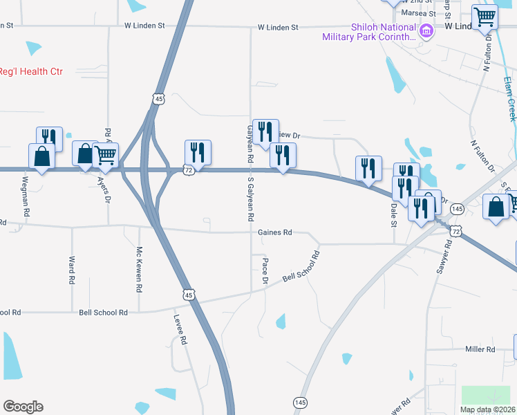 map of restaurants, bars, coffee shops, grocery stores, and more near 301 South Galyean Road in Corinth