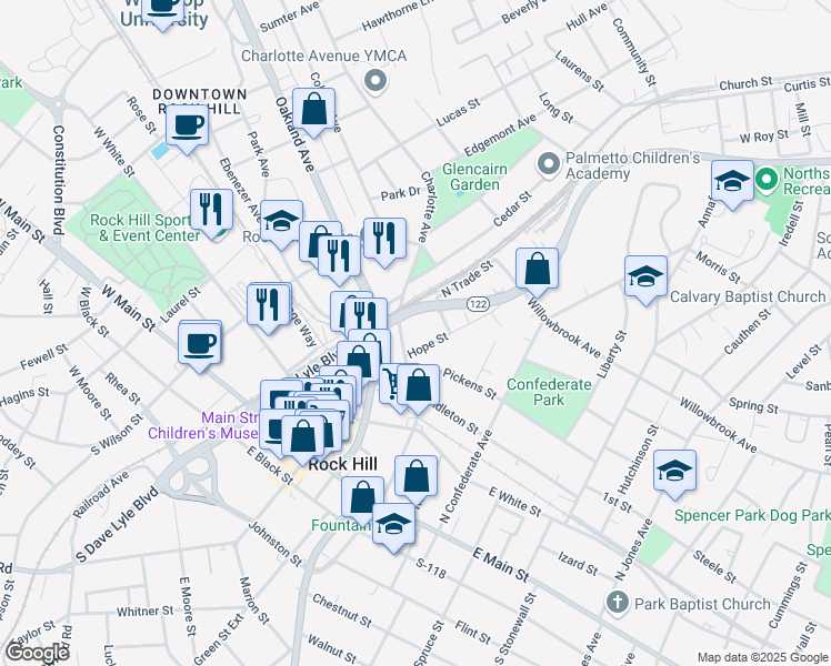 map of restaurants, bars, coffee shops, grocery stores, and more near 125 South Charlotte Avenue in Rock Hill
