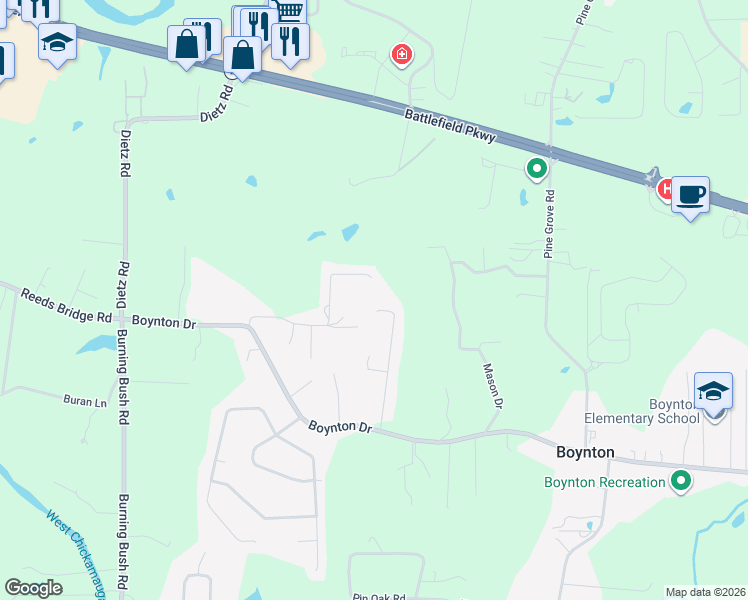 map of restaurants, bars, coffee shops, grocery stores, and more near 342 Joe-Tike Drive in Ringgold