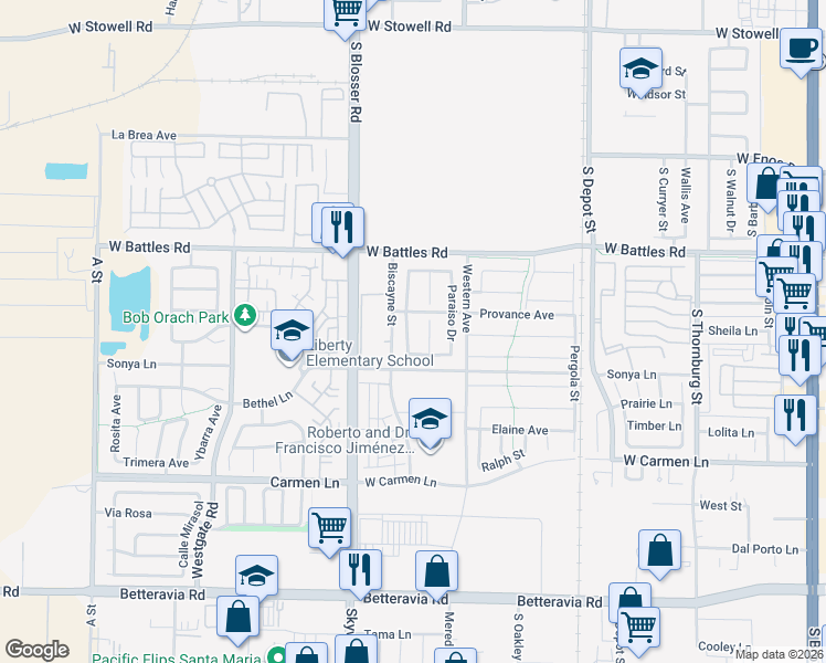 map of restaurants, bars, coffee shops, grocery stores, and more near 1724 Capitola Street in Santa Maria