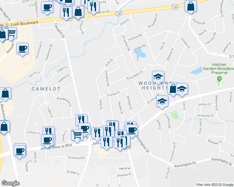 map of restaurants, bars, coffee shops, grocery stores, and more near 190 Navaho Drive in Spartanburg