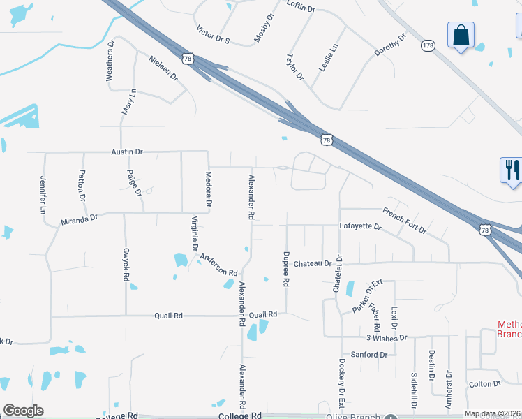 map of restaurants, bars, coffee shops, grocery stores, and more near 4704 Alexander Road in Olive Branch