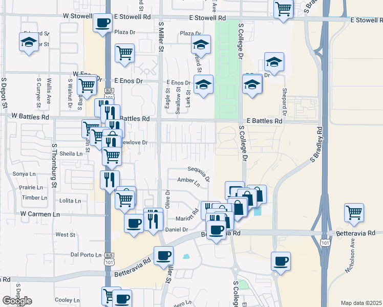 map of restaurants, bars, coffee shops, grocery stores, and more near 570 Newlove Drive in Santa Maria